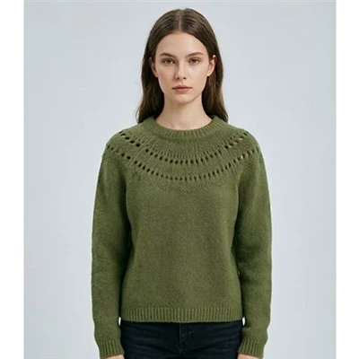 Græn Openwork Yoke Crew Neck peysa